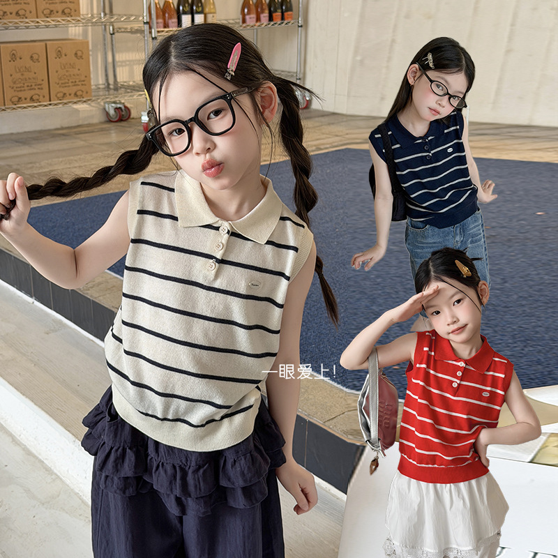 艾摩贝贝女童韩系简约百搭夏日清爽翻领条纹POLO衫背心无袖上衣潮