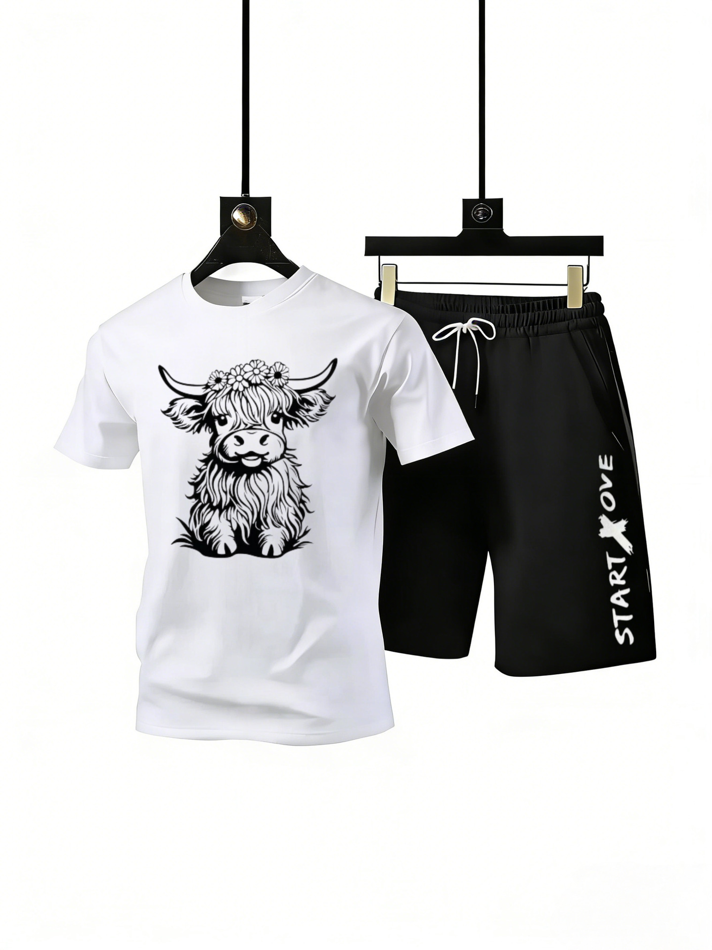 2026 Spring And Summer New Small Flower Highland Cow Print, Men's Outdoor Indoor Sports Suit, Short-sleeved Shorts Two-piece Set_viptrois.com