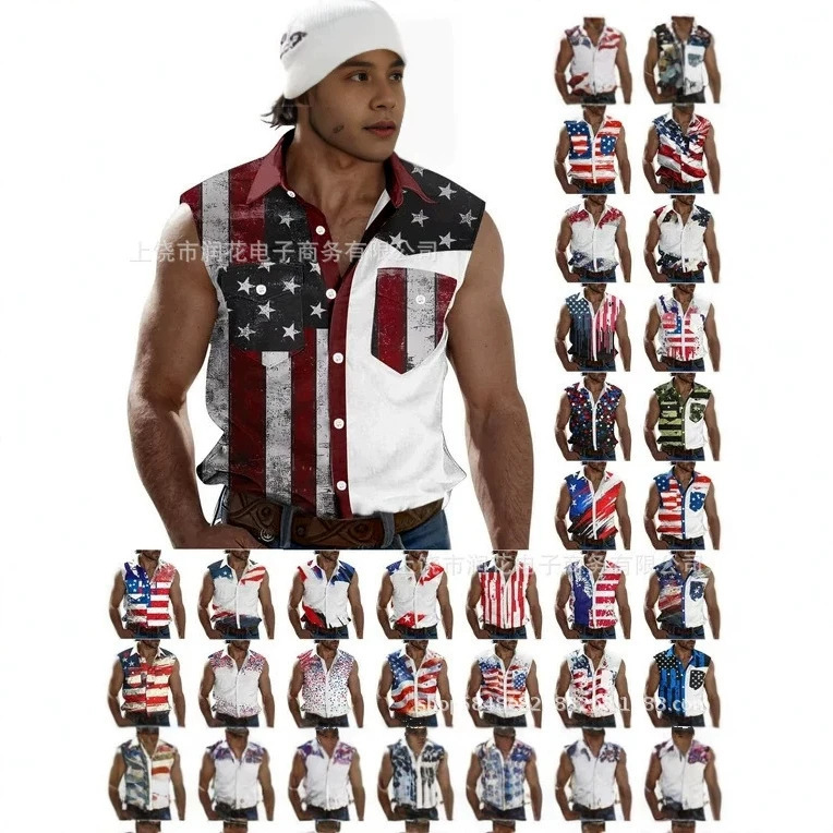 2026 Cross-Border Foreign Trade Men's Clothing American Flag Print Sleeveless Shirt European and American Style Lapel Casual Cardigan Vest