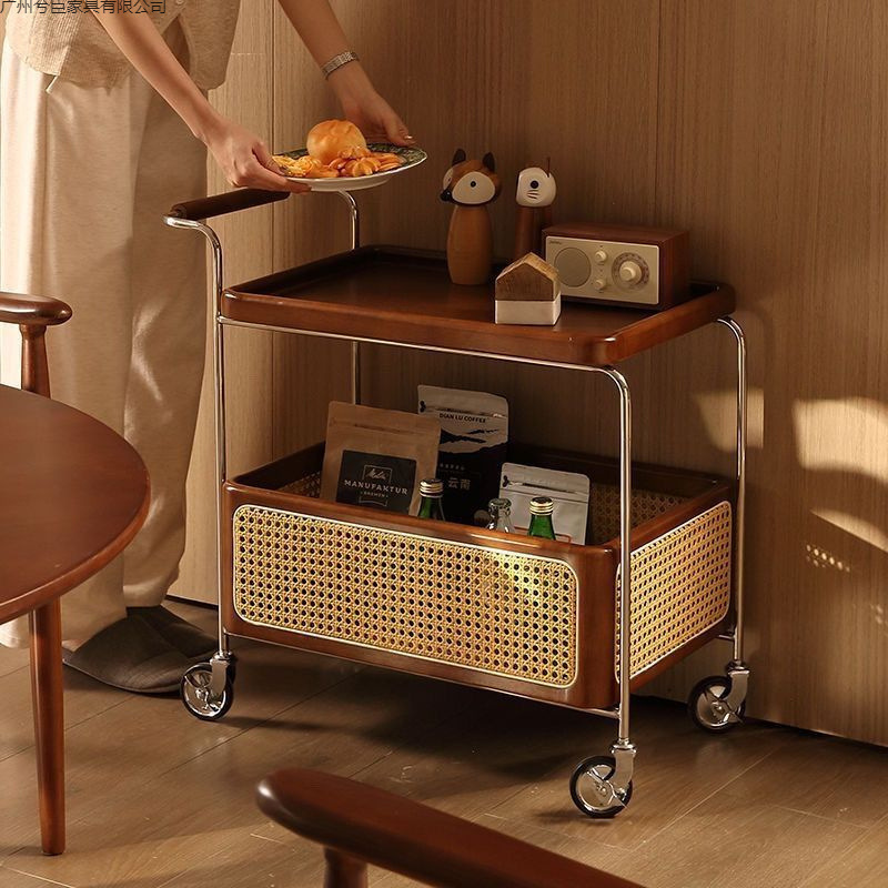 Solid Wood Mobile Side Table with Wheels, Stainless Steel Storage Vintage Trolley, Living Room Storage Rattan Woven Storage Simple Coffee Table