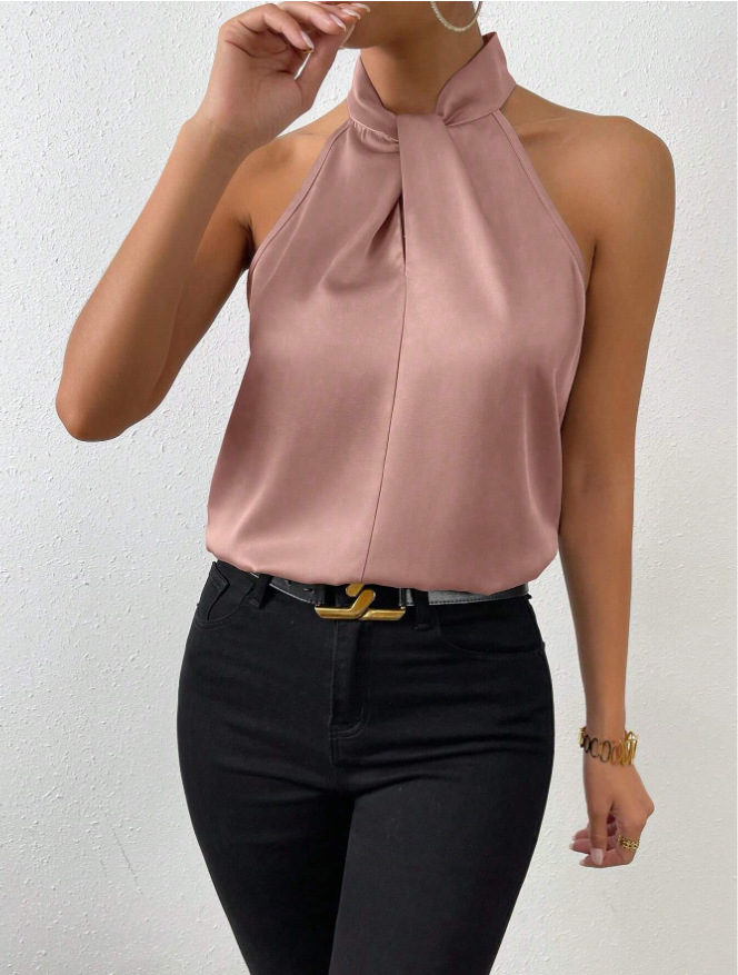 2025 verano nuevo estilo de las mujeres europeas y americanas satén cuello halter sin mangas chaleco de seda de imitación satinado top spot al por mayor