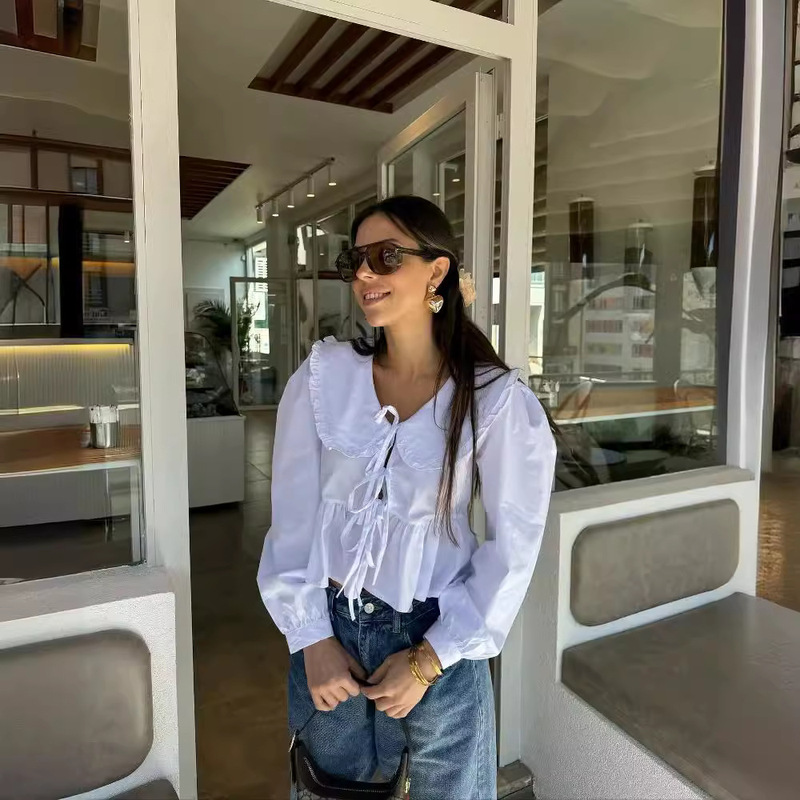 Foreign trade cotton quality 4 color new women's clothing European and American style fashion all-match doll collar long sleeve shirt top