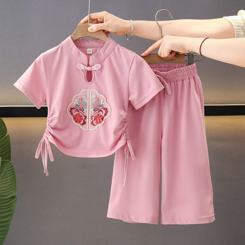 Traje de verano para niñas 2025 nuevo verano para niños nuevos pantalones anchos de manga corta de dos piezas para niñas Traje Tang