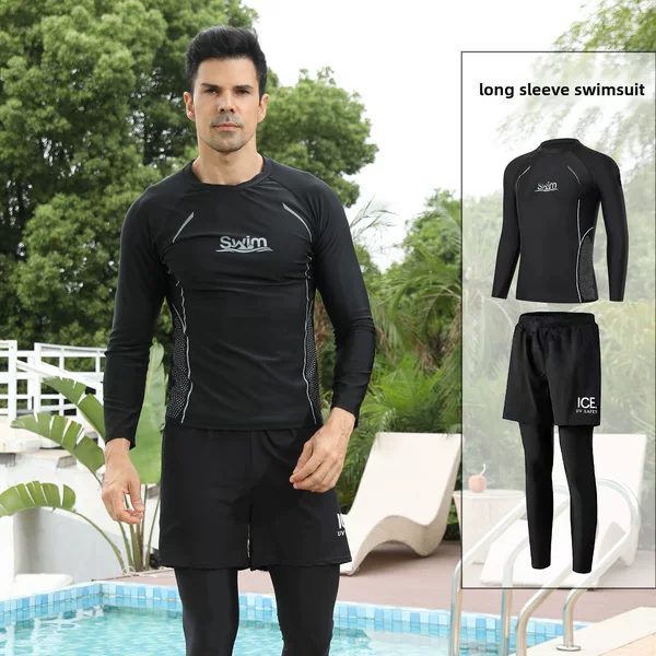 Sports Long-Sleeved Letter Print Men's Swimsuit Beach Swim Trunks Two-Piece Sun Protection Adult Plus Size Swimming Long-Sleeved Pants Set