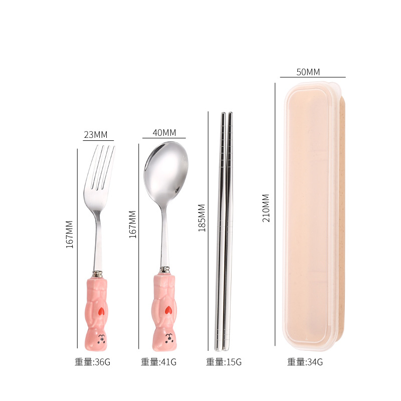 Corea del Sur ins lindo dibujos animados portátil de cerámica mango Acero inoxidable palillos Palillos vajilla hogar Bento desayuno