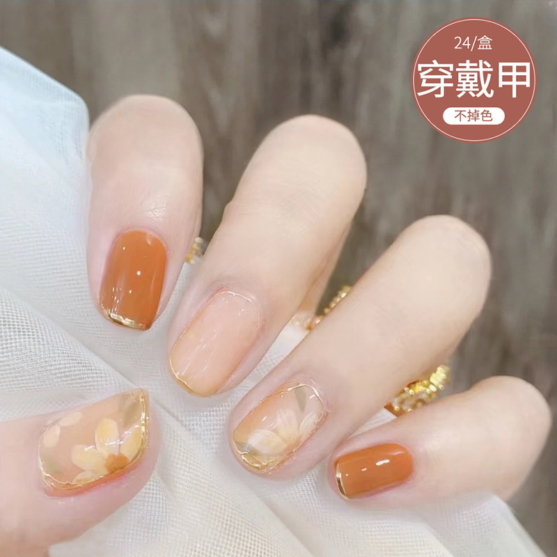 D034 Fake Nail Patch Removable Caramel Camellia Nail Patch Wearing Nail Patch Nail Patch Finished Nail Patch for Women