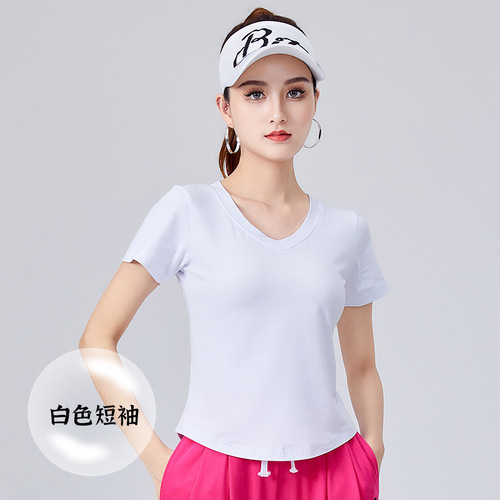 New Square Dance Costume V-Short Sleeve Top, Fashion Fitness Aerobics Dance Team Clothing, Female Dance Practice Suit