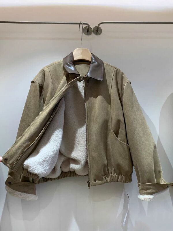 Winter New Style Leather Lapel Fleece-Lined Warm Suede Jacket for Women with Large Pockets, Casual Fleece-Lined Thickened Jacket Top Winter New Style Leather Lapel Fleece-Lined Warm Suede Jacket for Women with Large Pockets, Casual Fleece-Lined Thickened Jacket Top