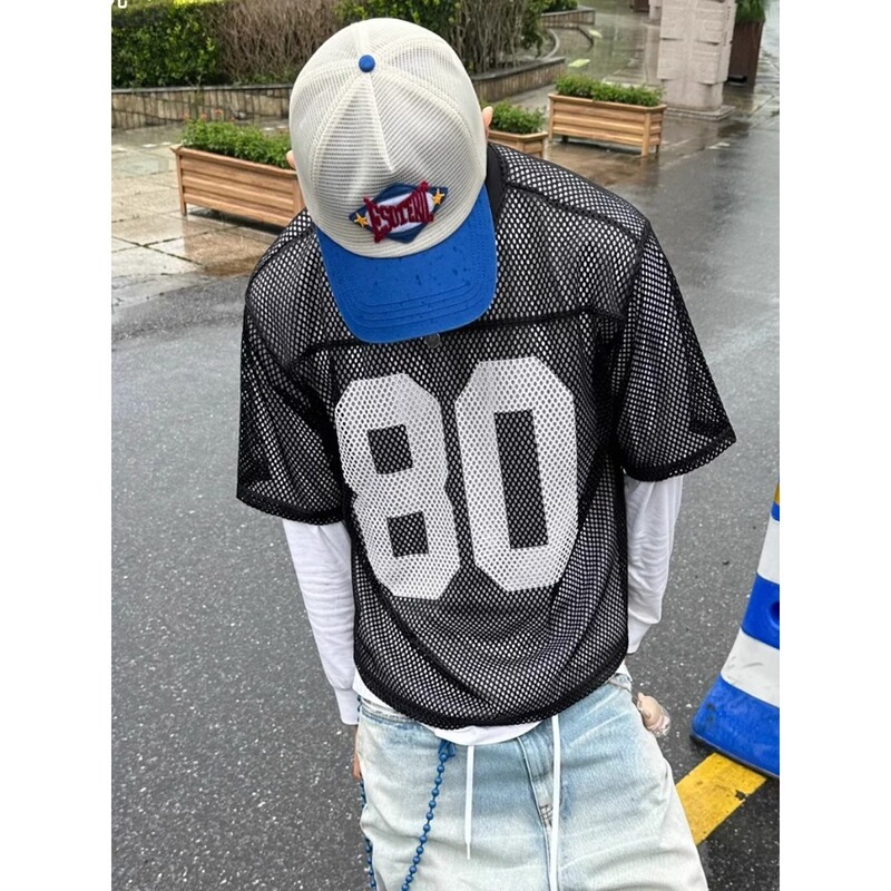 European and American New Digital 80 Printed Rugby Uniforms Cut Out Mesh Loose Short-Sleeved T-Shirts for Men and Women, Versatile for Export