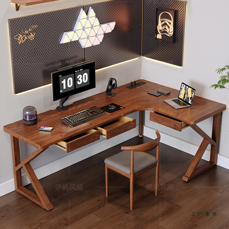 Solid Wood Corner Computer Desk with Drawers L-Shaped Double Gaming Desk Office Desk Long Table Corner Plug-In