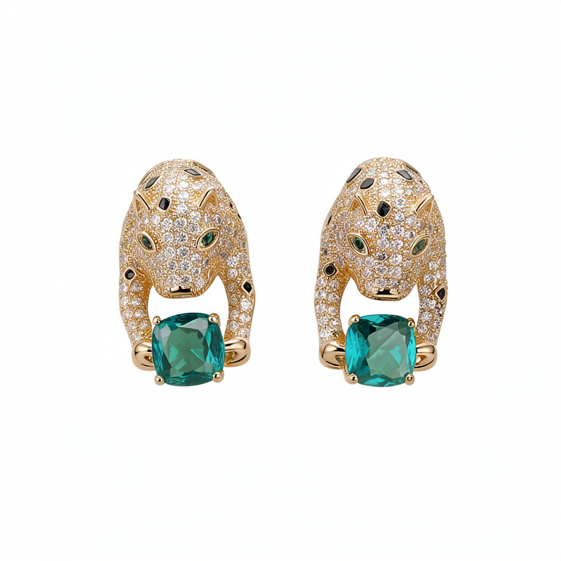 Medieval vintage oro real galvanizado aguja de plata galvanizado piedra leopardo pendientes personales pendientes ligeros de lujo de alta calidad pendientes