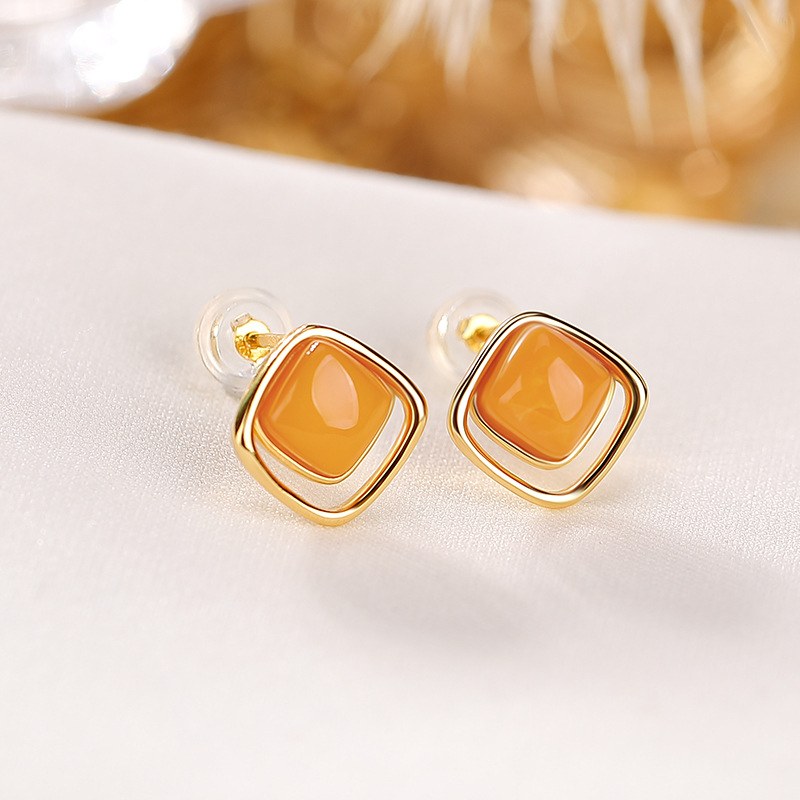 Bông tai nữ mạ vàng bạc S925 hình vuông đính đá phong cách cổ điển — Mẫu màu bạc sáp ong