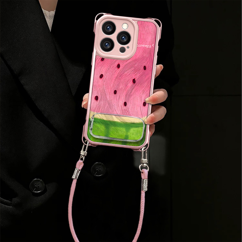 Watermelon-Themed Case for iPhone 13 Pro with Lanyard, Leather Texture for 15 Pro, Shockproof for 14, Simple Design for 13, Stand Case for 12
