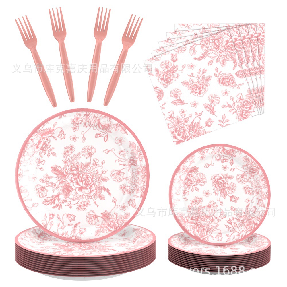 Primavera rosa flor decoración de fiesta fiesta fiesta de cumpleaños bandeja de papel desechable taza de papel toalla de papel juego de vajilla