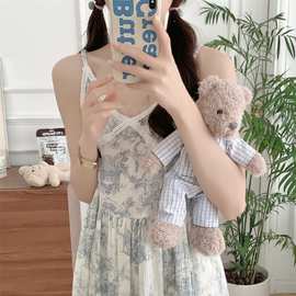 纯棉Korea夏季新款睡衣女连衣裙水墨画柔软吊带可外穿家居服睡裙