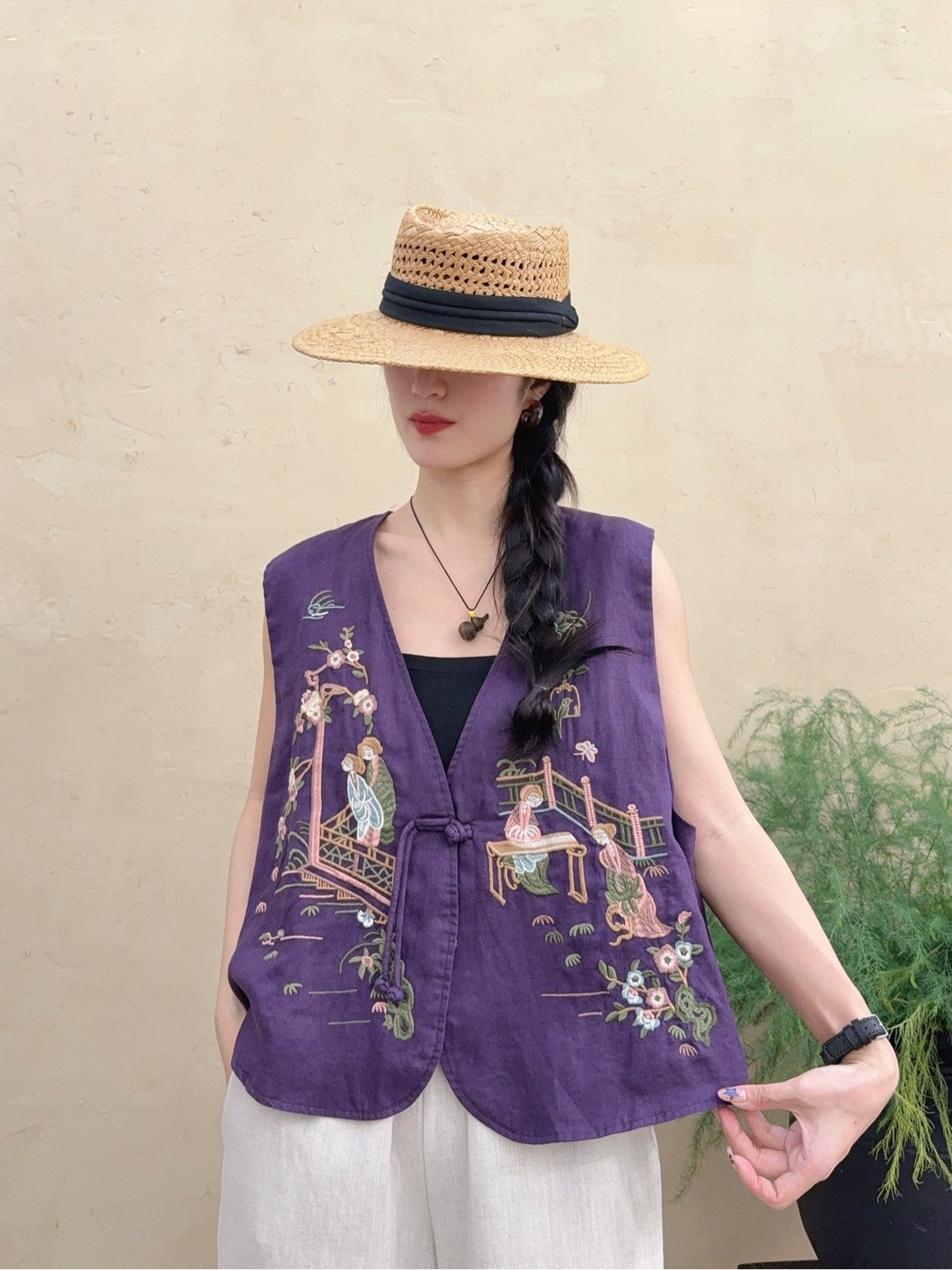 2025 otoño nueva mujer bordada estilo nacional chaleco de lino retro V-cuello cardigan top de moda de otoño