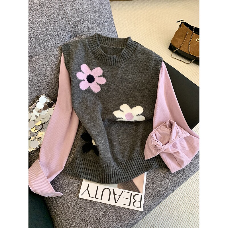 Fake Two-Piece Shirt with Sleeve Patchwork Knit Top for Women, Gentle and Fashionable Sweater, down Jacket Inner Layer for Spring