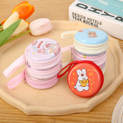 Creative round tinplate coin purse mini cartoon zipper data cable storage bag headphone keychain small wallet