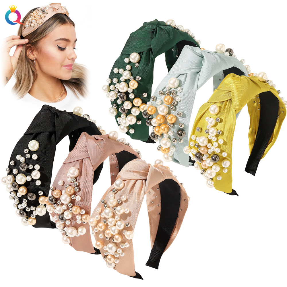 奇阅欧美跨境新款珍珠发箍打结宽边PU皮头箍时尚褶皱头饰女批发