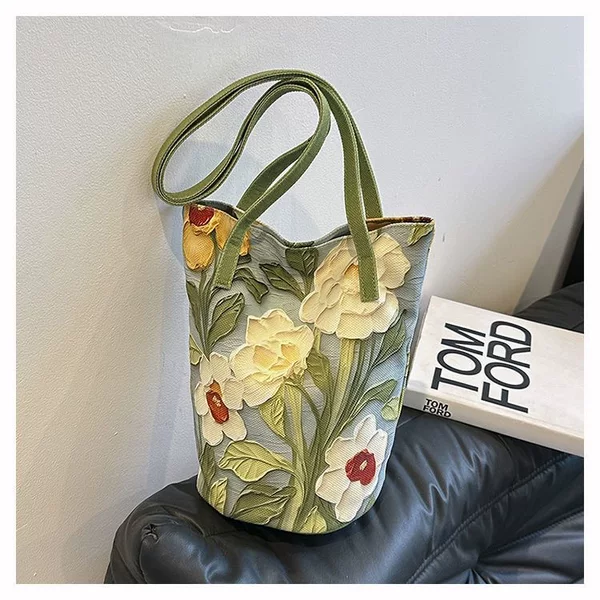 2025 New Oil Painting Flower Niche High-end Shoulder Bag All-match Niche Large Capacity Portable Commuter Bucket Bag