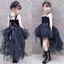 儿童礼服模特t台走秀黑色晚礼服拖尾主持钢琴婚纱影楼摄影演出服