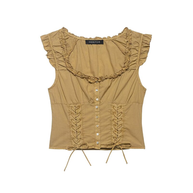 Kaopu Za Cross-Border European and American Foreign Trade Women's Clothing Aliexpress Ruffled Edge Front-Tie Design Sleeveless Slim-Fit Top