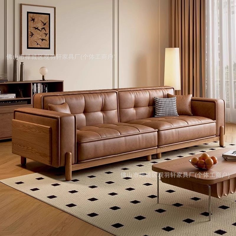American Retro Style Small and Medium-Sized First-Layer Leather Sofa Double Light Luxury Walnut New Chinese Style Straight Leather Sofa