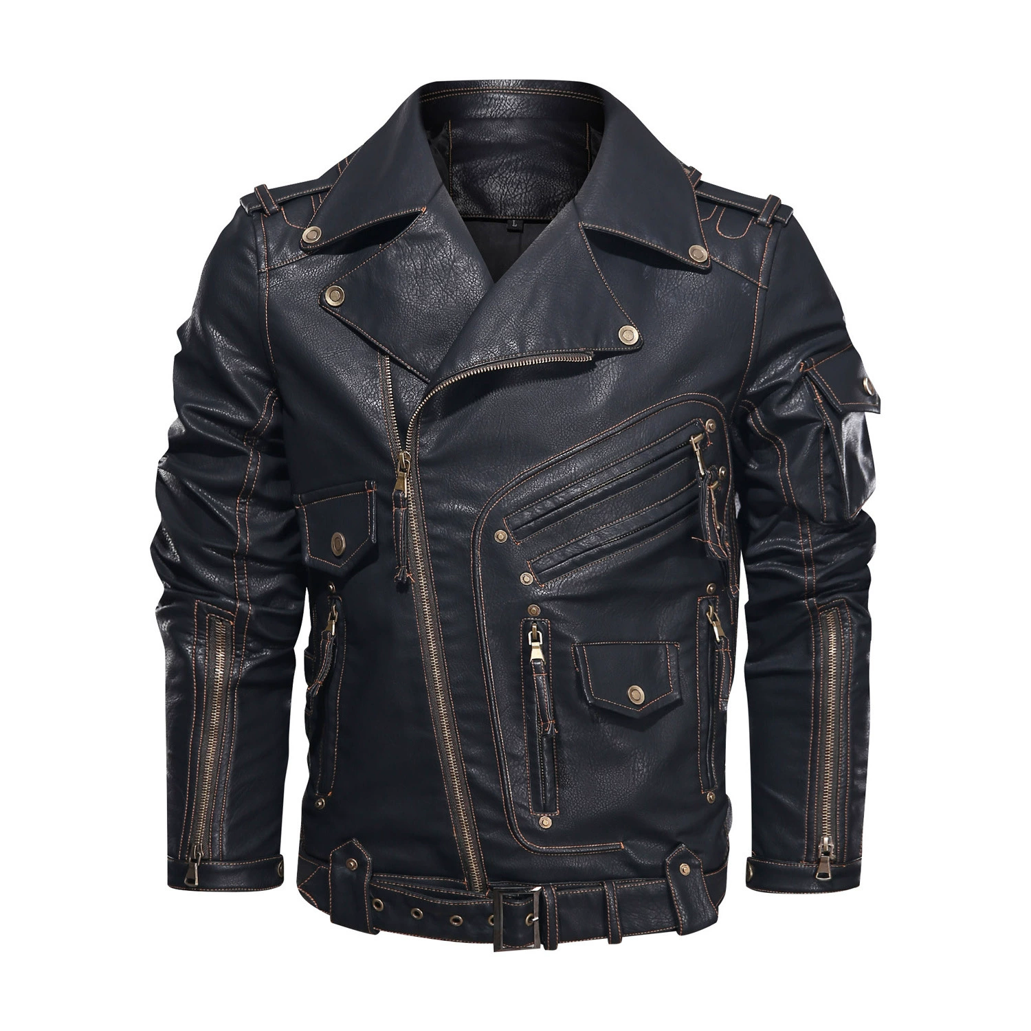 2025 new men's leather jacket European code motorcycle tough guy multi-pocket tough guy pu leather lapel leather spring and autumn clothes