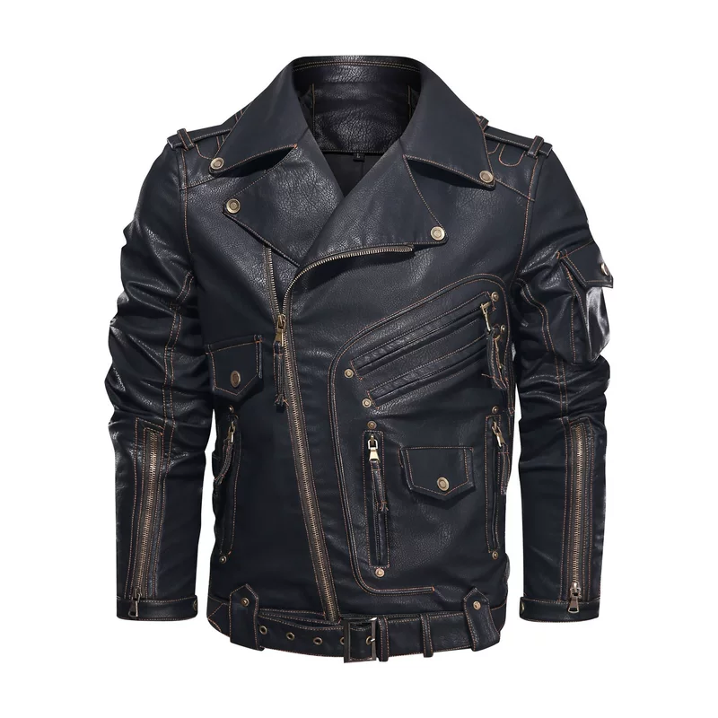 2025 new men's leather jacket European code motorcycle tough guy multi-pocket tough guy pu leather lapel leather spring and autumn clothes
