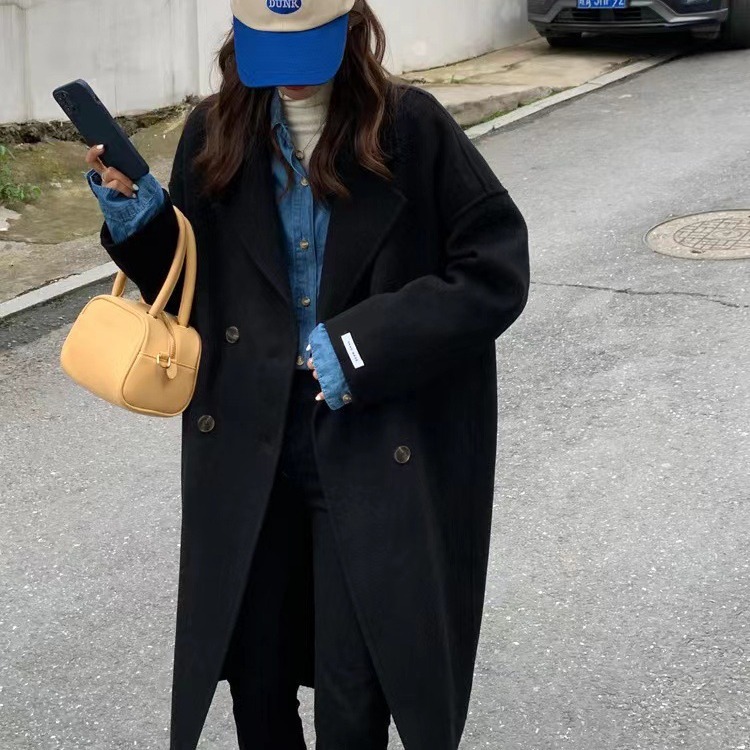 [Popular Style] Classic Petite Long Handmade Double-Sided Wool Coat for Women Korean Versatile Woolen Jacket