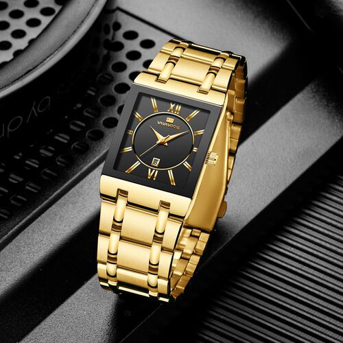 Business Calendar Quartz Waterproof Watch Black Gold Brand Square Men's Steel Band Watch Live Source Watch