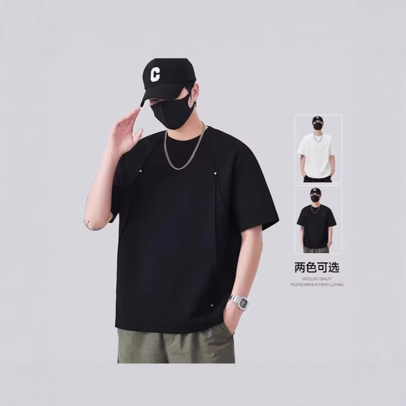 Three-Dimensional Deconstructed Pleated Rivet Short-Sleeved T-Shirt for Men, New Summer Style, Loose Casual Air-Layer Half-Sleeved T-Shirt Three-Dimensional Deconstructed Pleated Rivet Short-Sleeved T-Shirt for Men, New Summer Style, Loose Casual Air-Layer Half-Sleeved T-Shirt