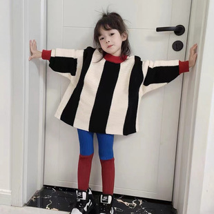 Korean-style Baby Girl's Fashion Color-matching Mid-length Top Outer Sweater Autumn and Winter Girls' Long-sleeved Knitted Pullover