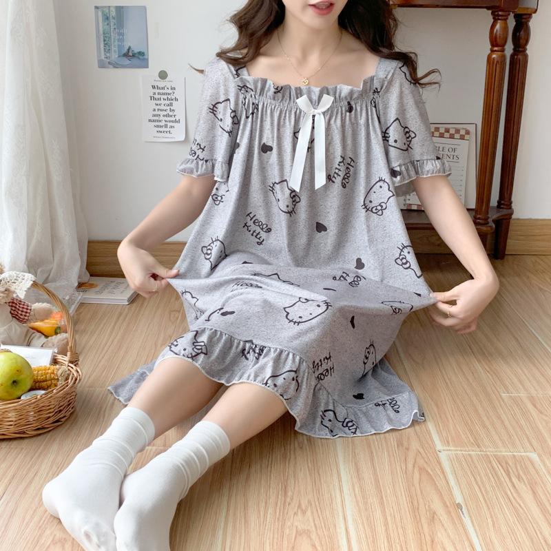 HelloKitty pijama de hilo de seda de hielo mujer verano dulce camisón suelto de manga corta talla grande 200 kg servicio a domicilio