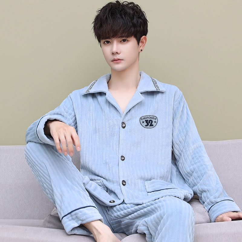 Pareja de otoño e invierno pijamas de terciopelo coral para hombre, traje grueso de manga larga, franela cálida, servicio a domicilio de primavera y otoño nuevo