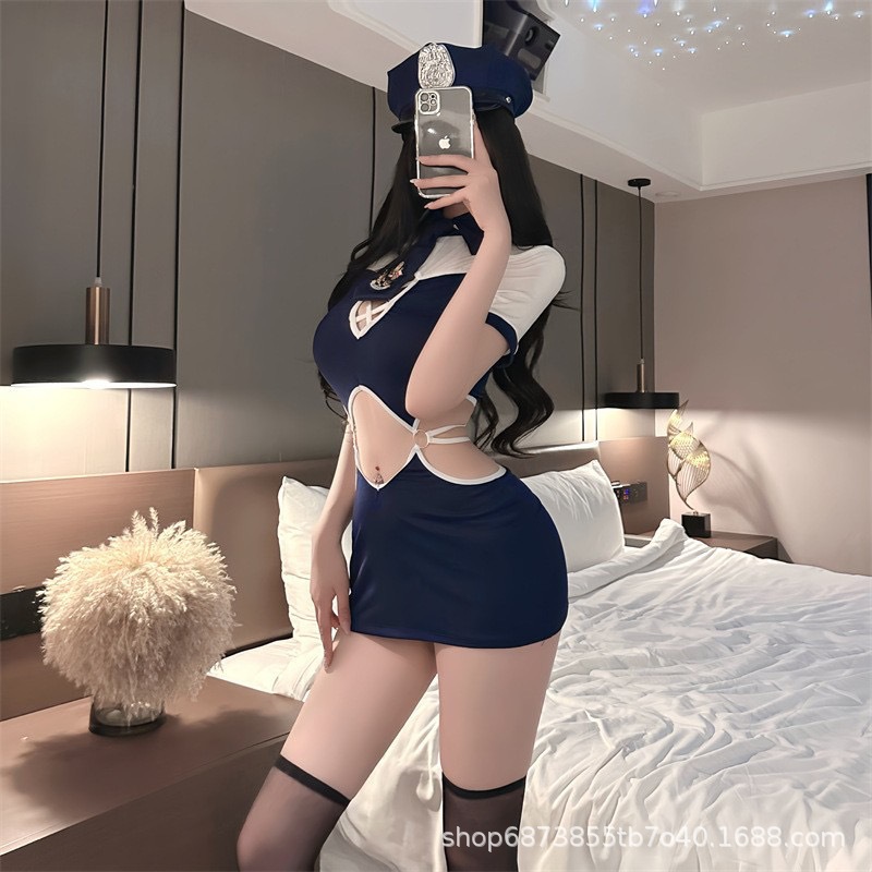 Sexy Pure Desire Hollow Hip-Covering Sailor Suit Jumpsuit Stewardess Policewoman Uniform Role Play Suit Sexy Cross-Border