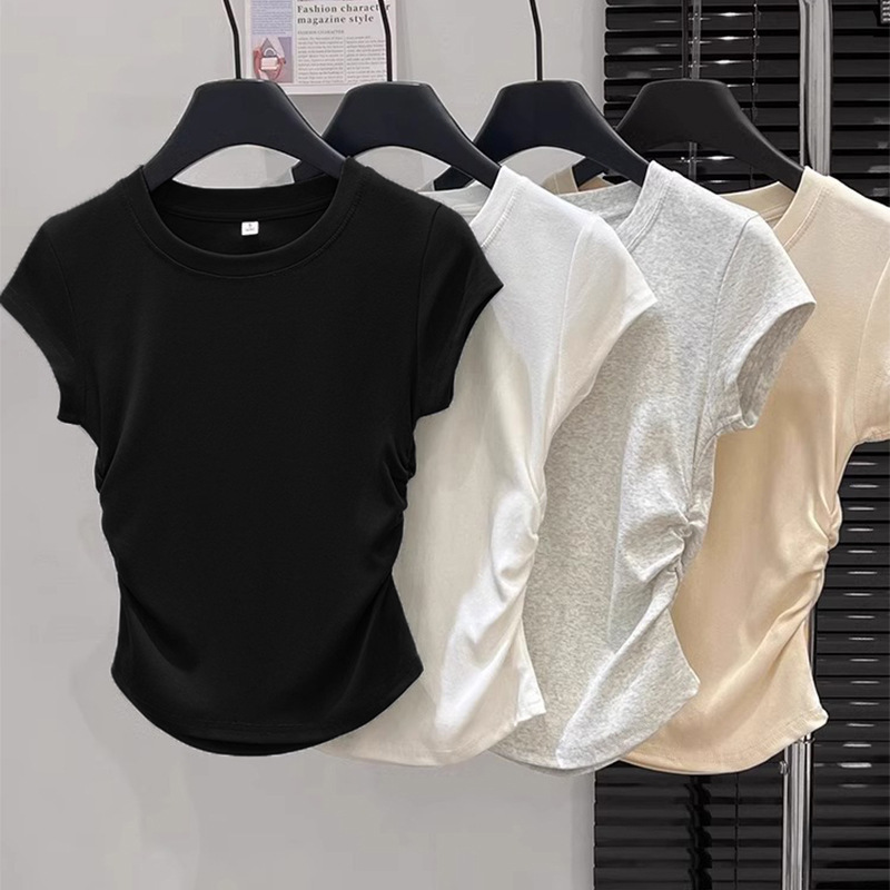 2026 New Style Pure Cotton Round Neck Short-Sleeve T-Shirt for Women, Summer Slim Fit with Pleated Design, Short Top