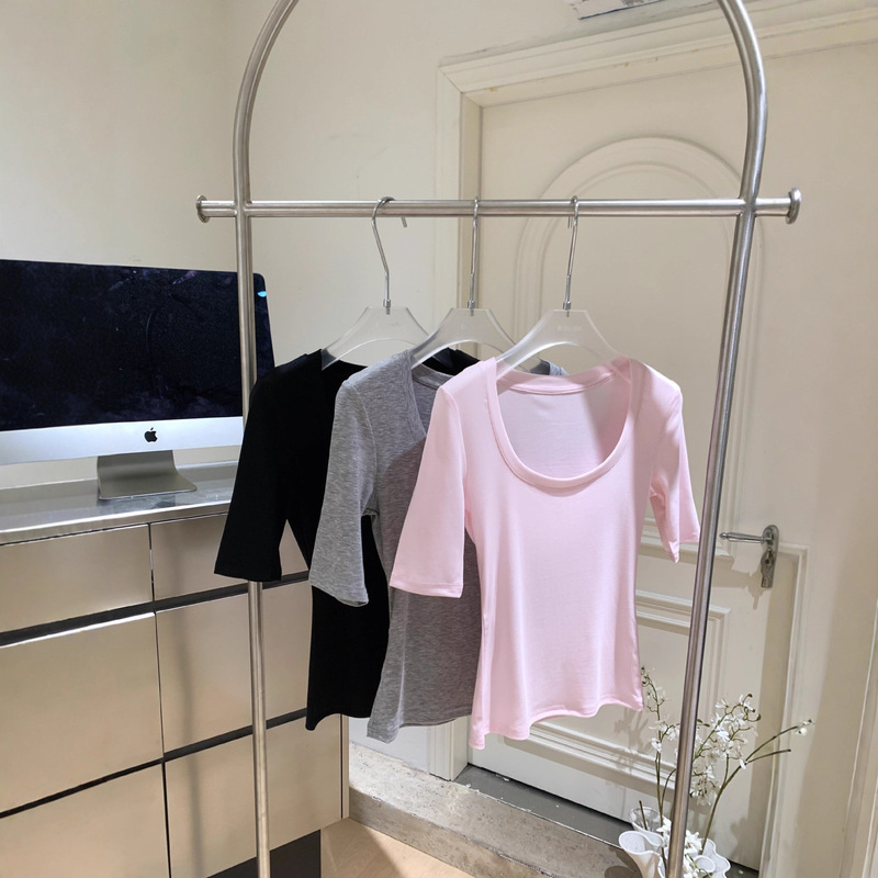 Pink/Grey/Black Round Neck Right Shoulder Slim Fit Pure Color Mid-Sleeve Bottoming Shirt with T-Shirt Inside Pink/Grey/Black Round Neck Right Shoulder Slim Fit Pure Color Mid-Sleeve Bottoming Shirt with T-Shirt Inside