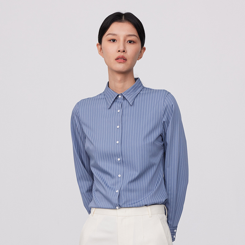 新款仿丝绸衬衫长袖女通勤职业条纹衬衫气质免烫工装衬衣一件代发-阿里巴巴