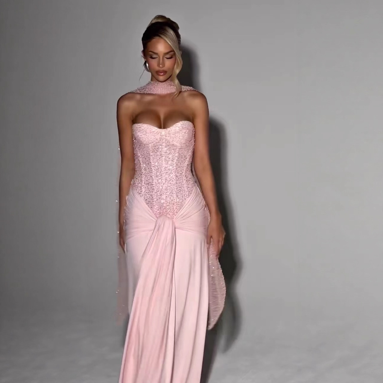 New Pink Strapless Evening Dress Cross-Border Aliexpress Long Dress Prom Party Elegant Dress 2025