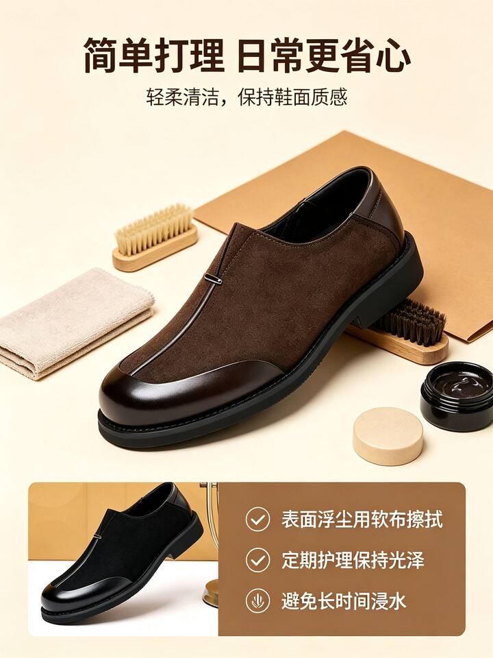 Giày da nam mũi vuông da thật kiểu lười xỏ chân, dễ phối đồ — Màu nâu tây., Thời trang đen chi tiết 3