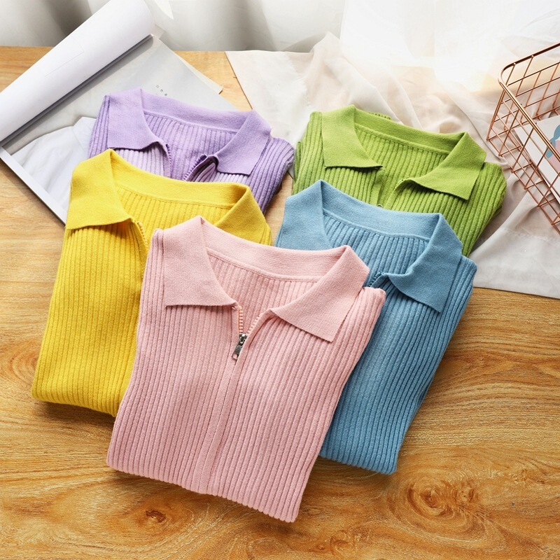 2021 New Style Knitted Base Shirt, Solid Color Slim Fit Top, Long-Sleeve Polo Collar Women's Short Sweater for Autumn and Winter 2021 New Style Knitted Base Shirt, Solid Color Slim Fit Top, Long-Sleeve Polo Collar Women's Short Sweater for Autumn and Winter