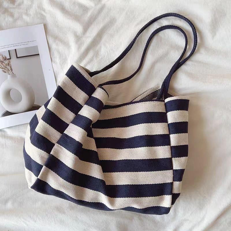 Contrast Stripe Canvas Tote Bag, Large Capacity Shoulder Bag_voghion.com