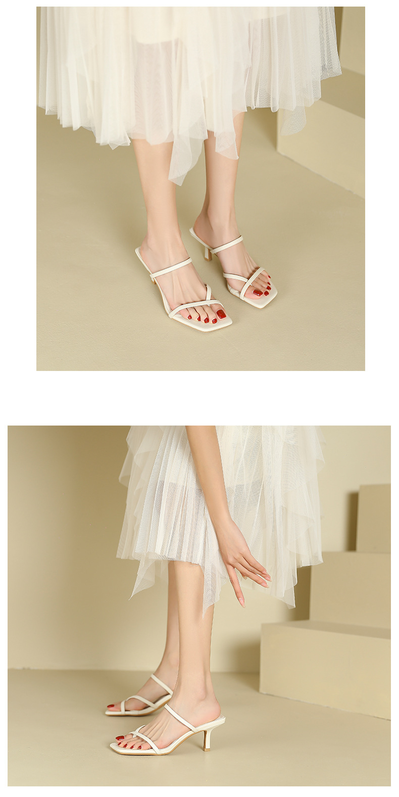 Sandal cao gót nữ mũi vuông quai xỏ ngón gót nhọn — Trắng be chi tiết 7