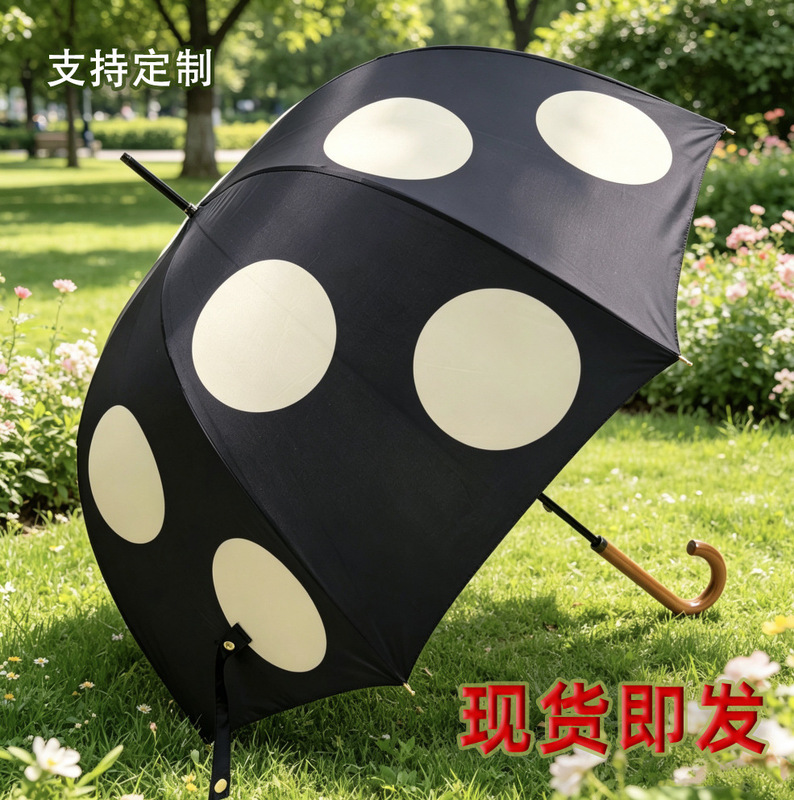 【Black and White Polka Dots】Japanese Apollo Deep Arch Lolita Black Vinyl Manual Dual-Use Umbrella for Women