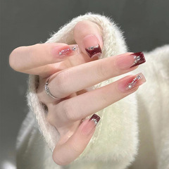 小紅書穿戴甲中長款ins風棕色閃鑽美甲甲片批發純欲指甲貼片