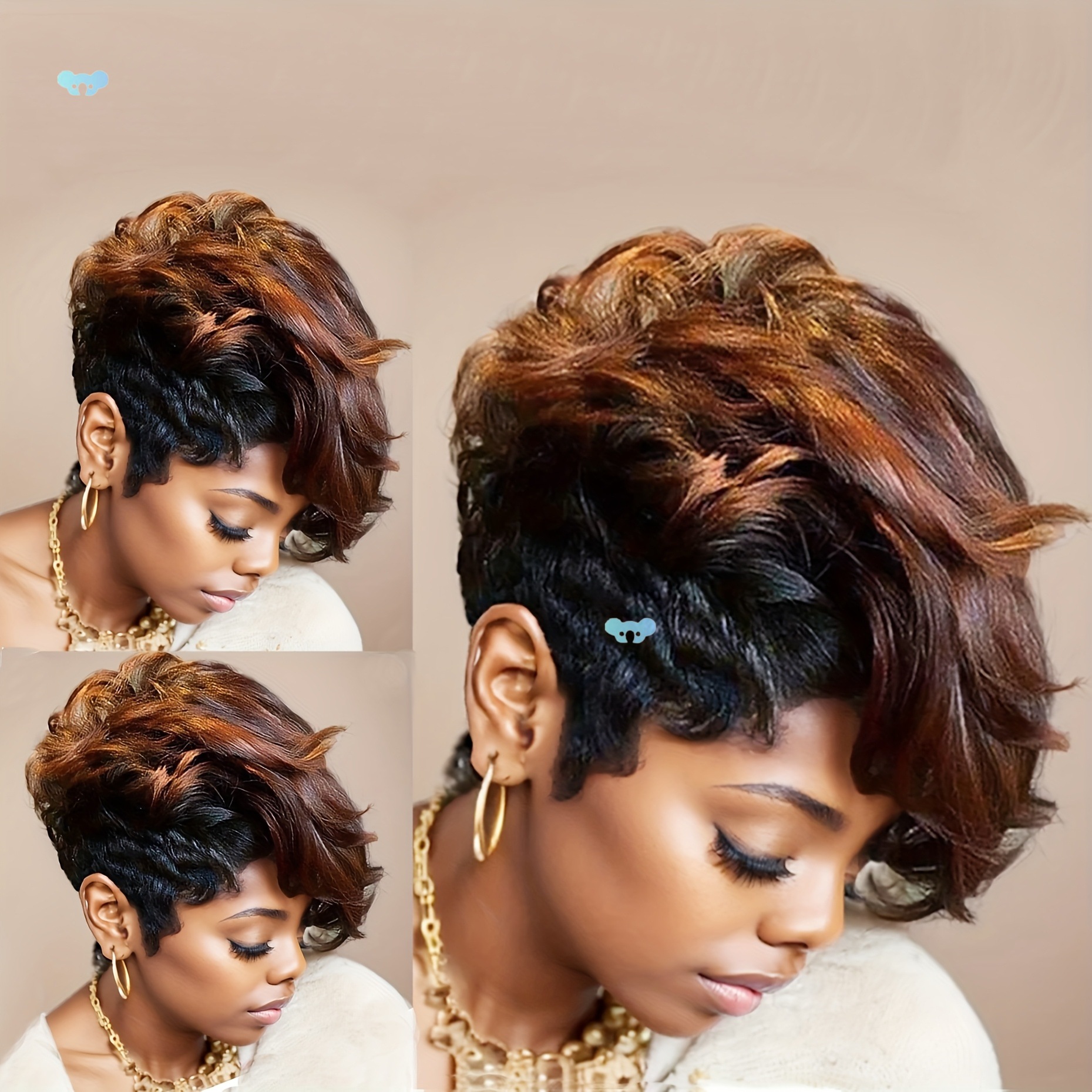 Short Black Wig with Mixed Brown Blonde Bangs Elegant Curly|ru