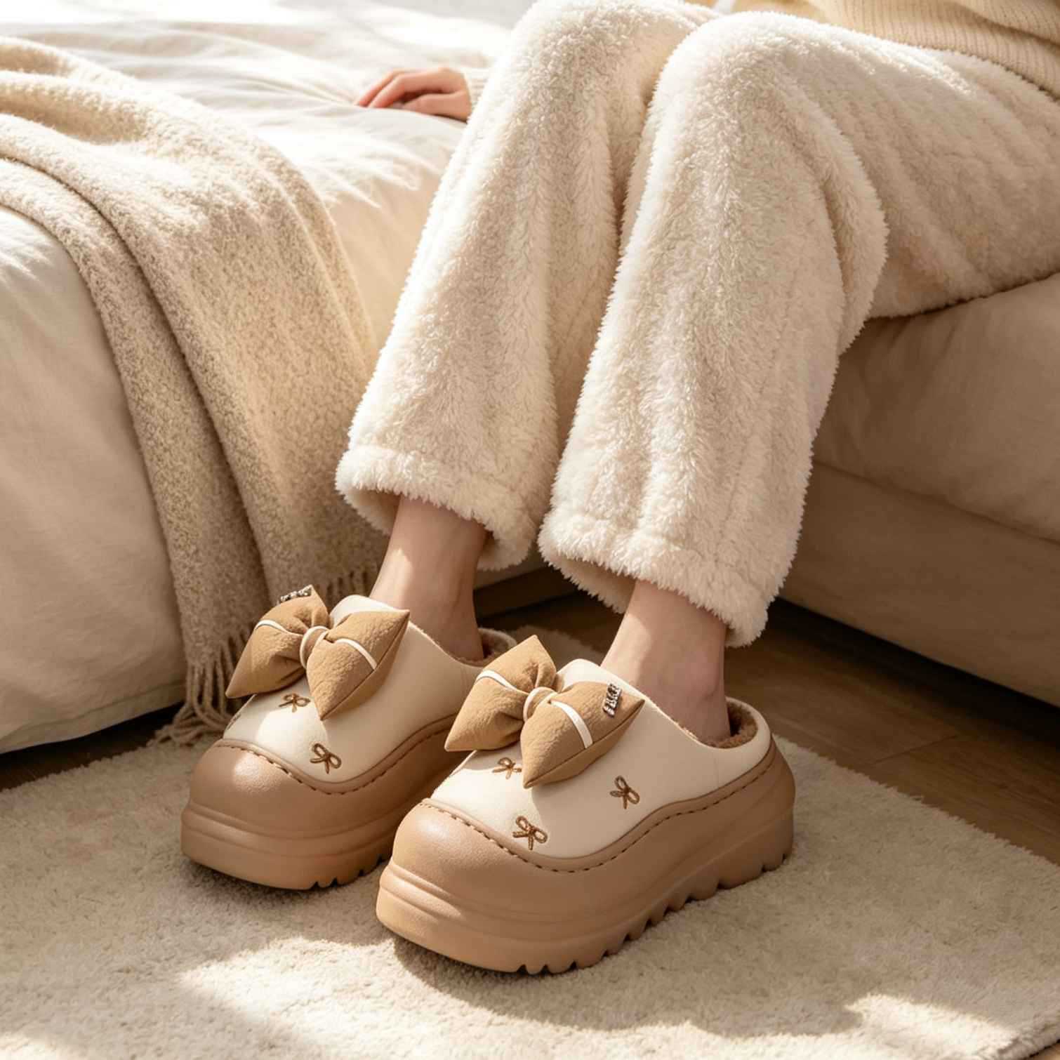 Nuevos zapatillas de algodón de fondo grueso de arco para mujeres de otoño y invierno en el hogar antideslizante pisar sensación de excremento de terciopelo cálido lindas zapatillas de algodón de cabeza