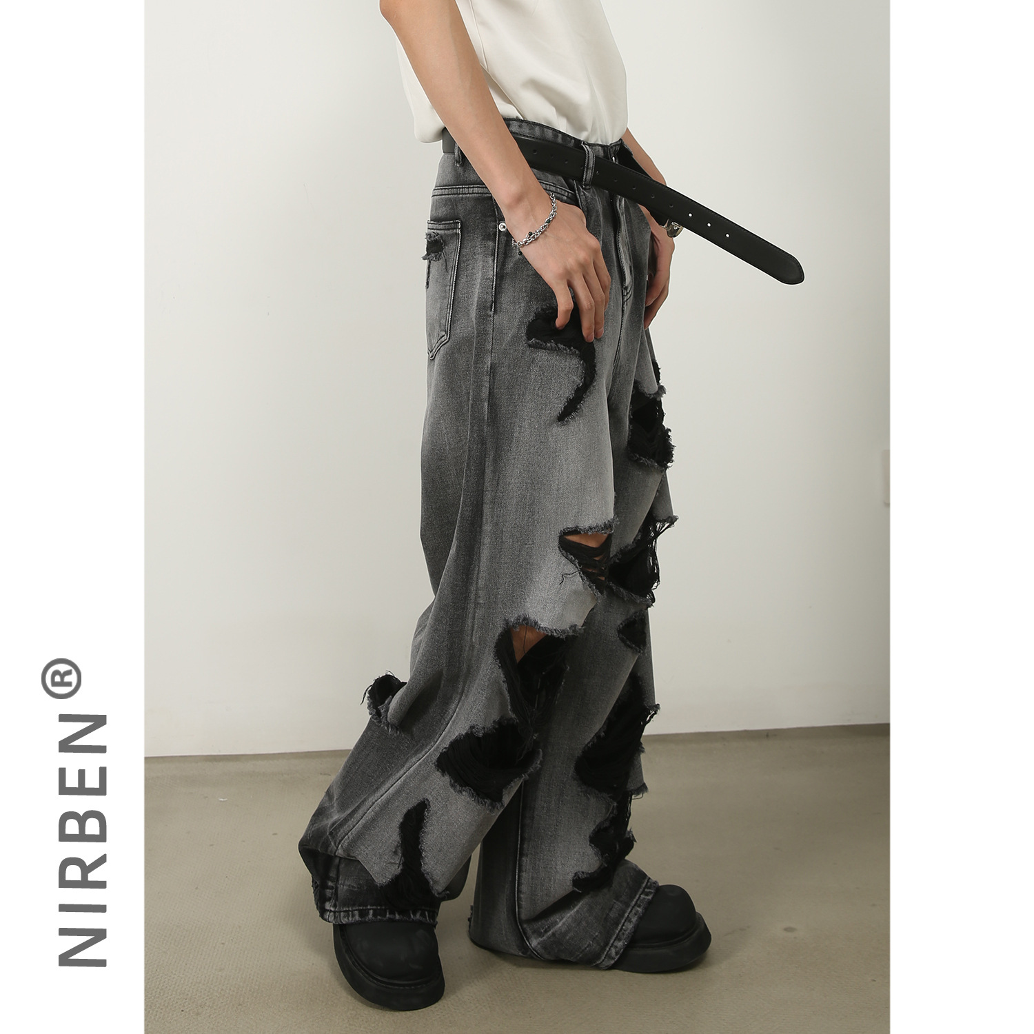 Nirben Denim | Ripped wide-leg Jeans para hombres 2023 Nuevos pantalones trapeadores rectos sueltos de High Street Vibe