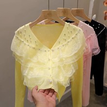 法式小香风钉珠V领花边针织衫短款外搭开衫蕾丝上衣女轻奢高级感